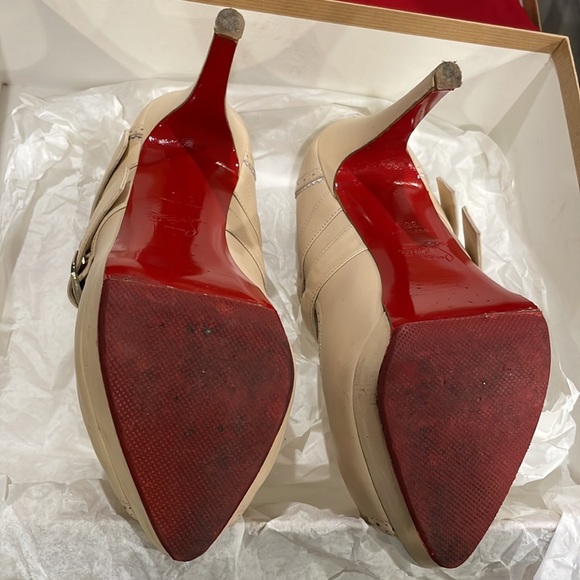 Christian Louboutin Lulu 140 Nappa Nude Peep Toe Double Strap SZ 38.5 - Picture 9 of 11
